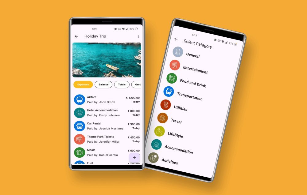 Two phones showing the expense list and category screens of the I Owe You app