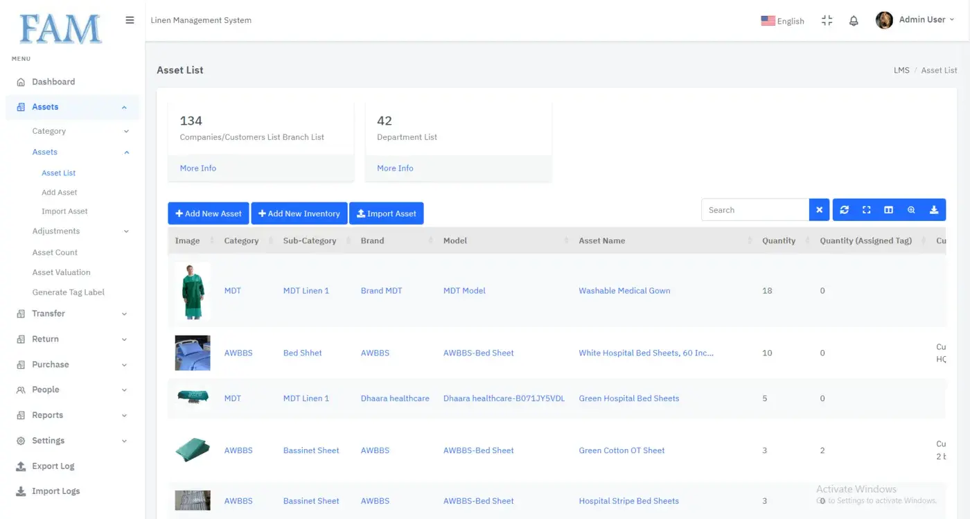 Linen Management System: Asset list