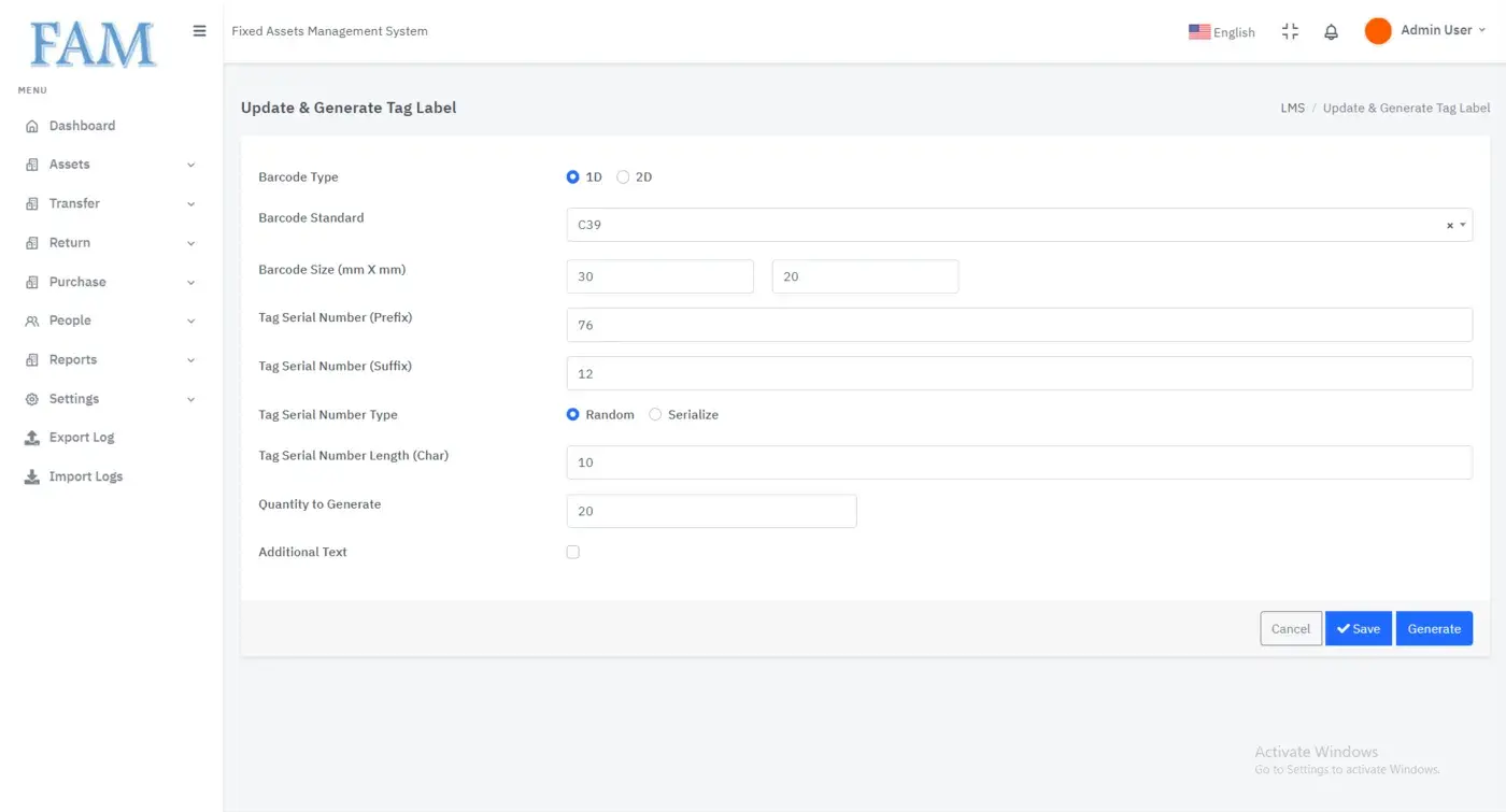 Linen Management System: Generating barcode tag labels