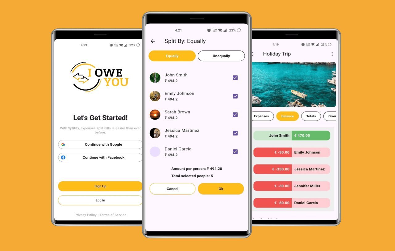 Three screens from I Owe You, a travel expense app AmCodr built for iOS and Android